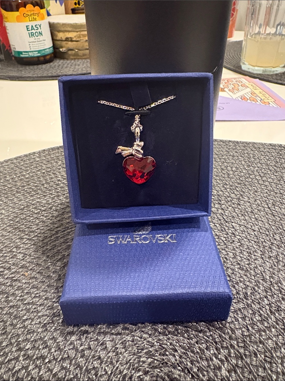 Swarovski Red Heart Crystal Pendant Necklace with Silver Bow. NEVER WORN